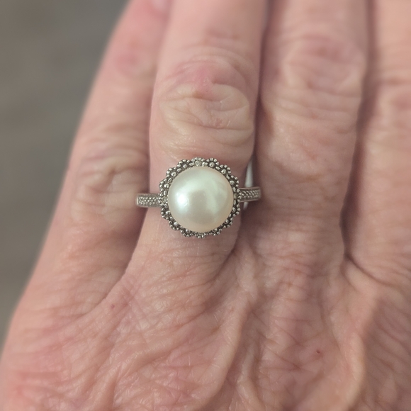 Vintage-Edwardian Inspired Sterling Silver Pearl Halo Ring Size 5 - Picture 7 of 9